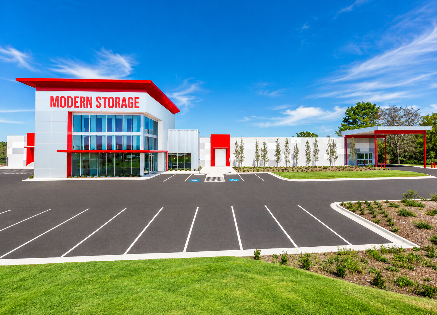 Modern Storage® Hot Springs Building Exterior Front exterior of Modern Storage® Hot Springs featuring architecture, red accents, landscaped grounds, and wide parking areas under a bright blue sky.